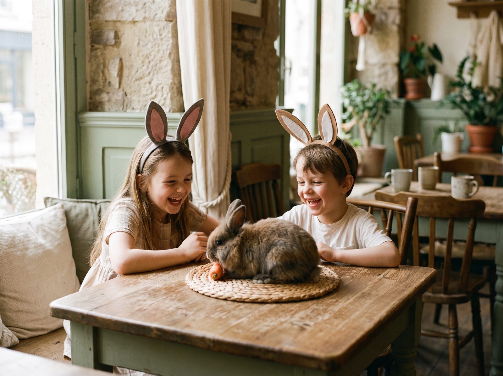 Happy children meeting the rabbits