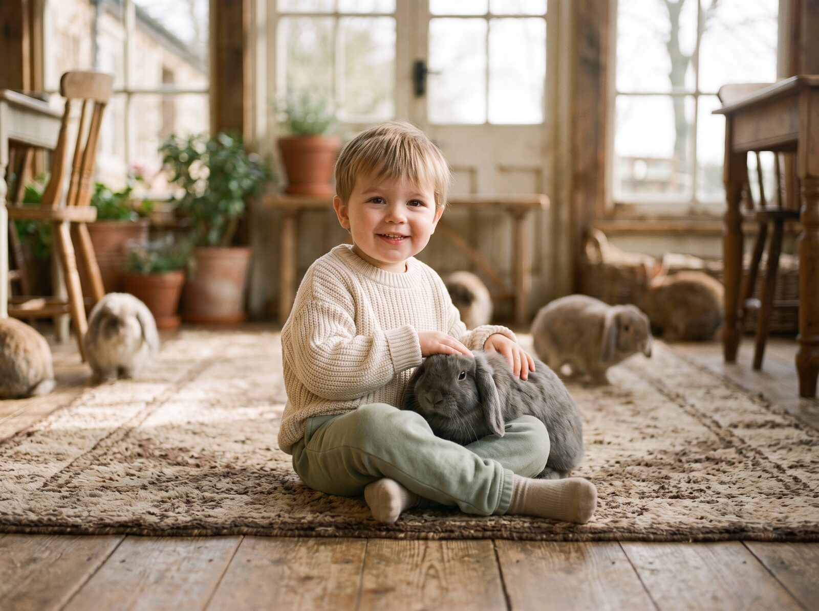 A child meeting the rabbits at Pip's Palace