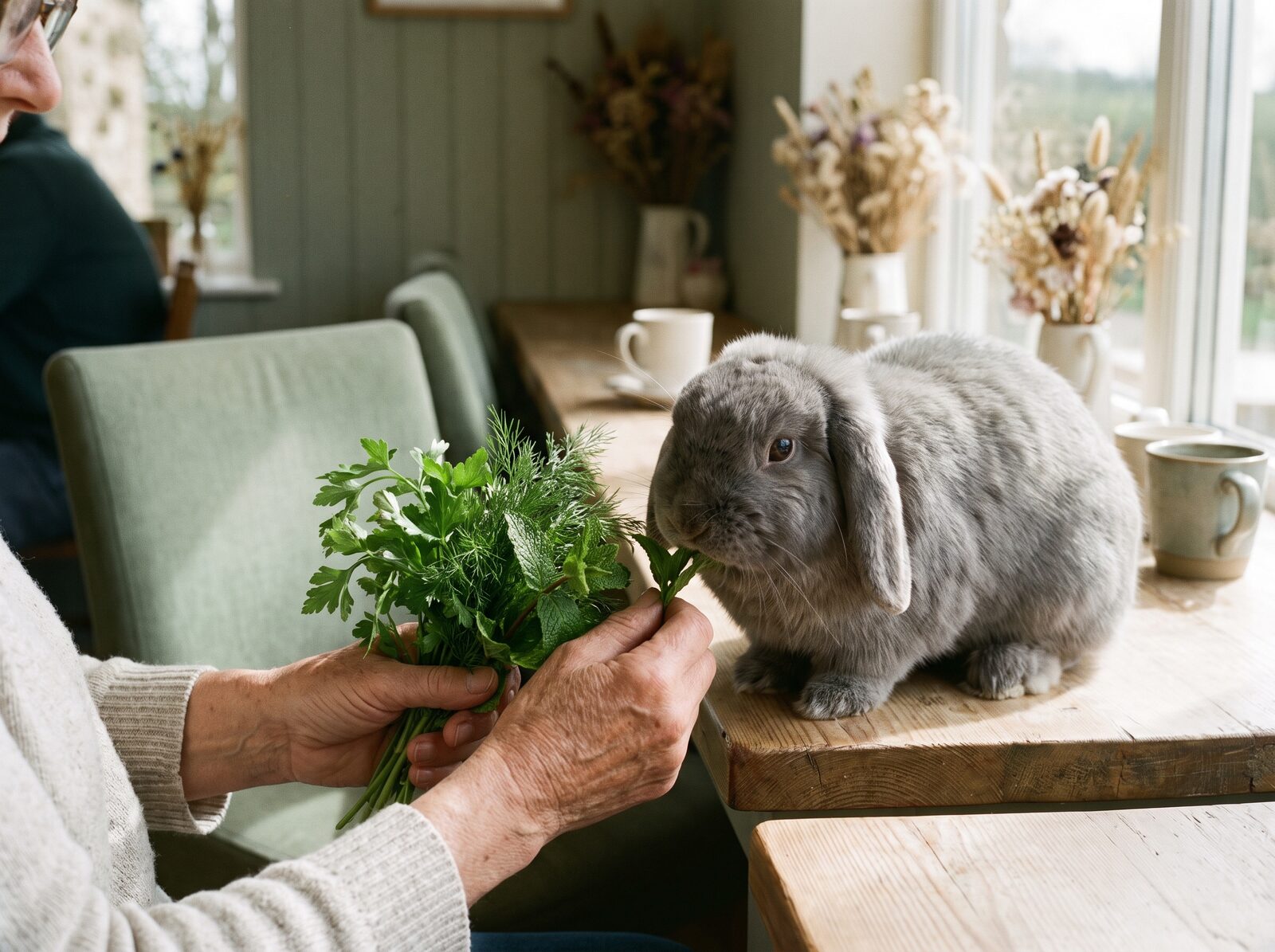 Feeding a rabbit fresh greens